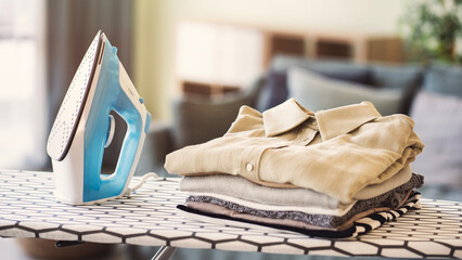 Ironing clothes on ironing board