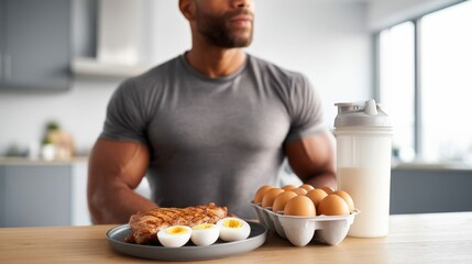A muscular man stands near a table with healthy foods like steak, eggs, and a protein shake, promoting fitness and nutrition.