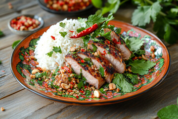 Delicious Grilled Pork Slices with Rice Peanuts and Cilantro A flavorful Asian inspired dish