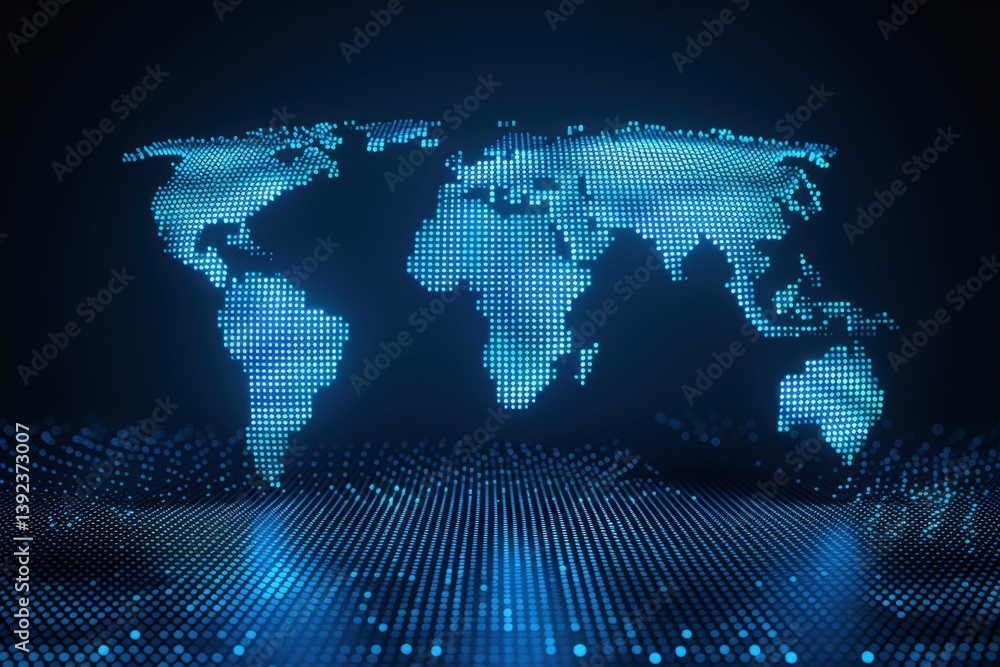 Poster digital world map created with glowing dots on a dark background.