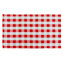 A red and white checkered tablecloth, often used for dining or picnics.
