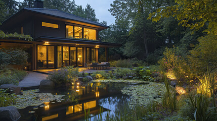 Obraz premium Contemporary house with garden pond and decorative lighting at dusk
