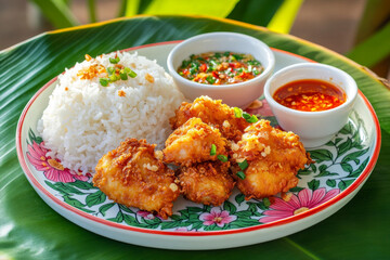 Delicious Crispy Garlic Fish with Rice and Two Spicy Sauces