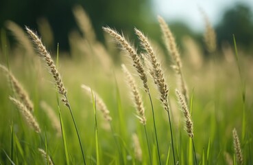 Fototapeta premium Close-up of tall fescue grass field with wheat ears. Green grass, sunlight. Blurred background, agricultural landscape. Nature, summer, farming. Eco, bio, organic farming. Ideal for agriculture,