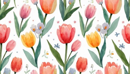 Watercolor floral seamless pattern with tulips, leaves. Hand-painted illustration features spring garden flowers with abstract batik design. Decorative art for textile, wallpaper, fabric, wedding,