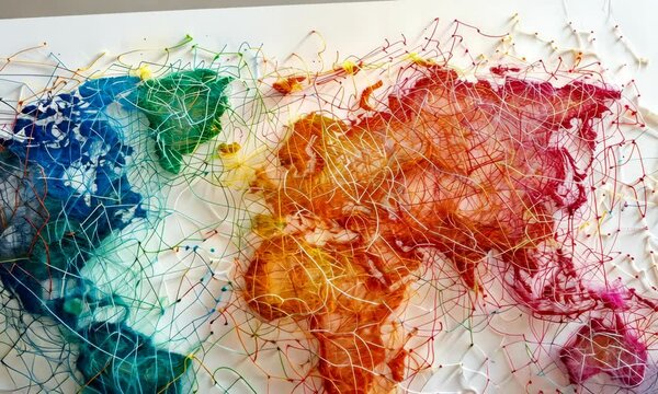 Colorful string art map of continents on white background