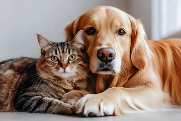 A golden retriever and a tabby cat lie comfortably side by side in a bright room, enjoying a peaceful moment