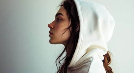 Mulher com capuz branco, vista de perfil, expressão pensativa