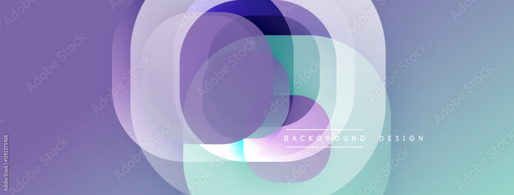 Poster Abstract composition. Overlapping circles create dynamic visual effect. Purple, blue, teal hues blend smoothly. Modern design element.