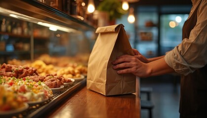 Person grabs takeaway bag from restaurant counter. Cozy warm atmosphere with food items visible. Food take-out, grab a meal, fast food order concept. Warm lighting.