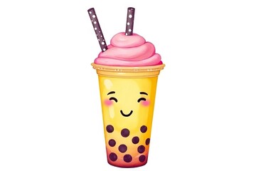 Sipping delightful bubble tea colorful cup setting whimsical illustrative artwork vibrant  environment playful perspective
