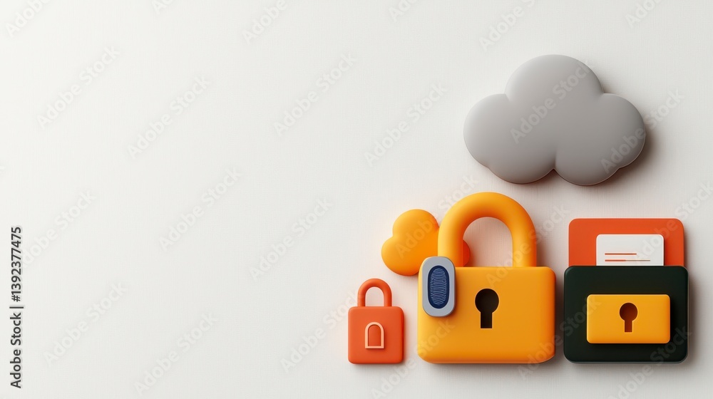 Poster colorful lock and cloud icons representing data security and privacy