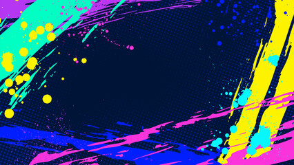 Fototapeta premium Dark background with overlapping free-form brush strokes and punk-style colors with halftone dots.