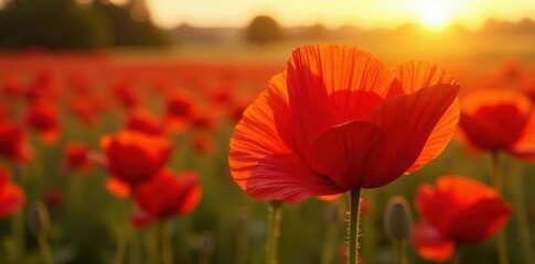 Intricate poppy petals, sunlit; red & gold hues dominate , closeup, garden, stock photo
