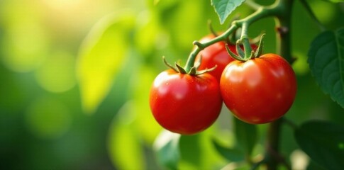 Luscious red tomatoes, plump and sun-kissed, hang heavy on a verdant vine , picture, background, color