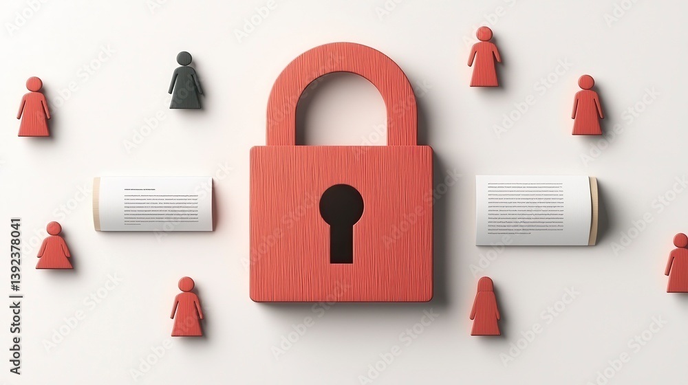Poster red padlock with figures and documents representing security concept