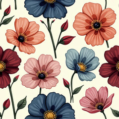 Vibrant Floral Pattern Illustration: Colorful Botanical Design with Pastel Petals and Artistic Elegance