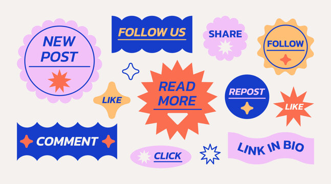 Social media vector retro shapes stickers set. Call to action buttons design. Lower third icon illustrations