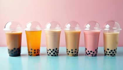 Variety of colorful bubble milk tea in plastic cups on pastel background. Refreshing summer drink with tapioca pearls. Assortment of fruity smoothies. Trendy asian drinks for advertising.
