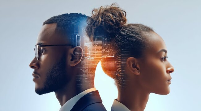 A stunning image depicting two people facing opposite directions, with a cityscape overlayed on their silhouettes, representing connection.