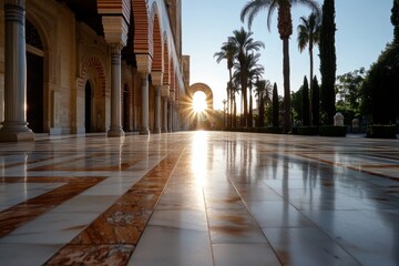 Obraz premium The sun setting over an arcade of a mosque, illuminating the polished marble floor and creating a warm atmosphere, inviting contemplation and admiration for the design.