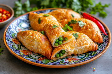 Delicious Savory Pea Samosas on Ornate Plate A Close Up Shot of Golden Brown Pastry