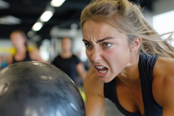 Naklejka premium A passionate female athlete exudes intensity and determination while training with a heavy ball, displaying her fierce energy and competitive spirit in a bustling gym atmosphere.