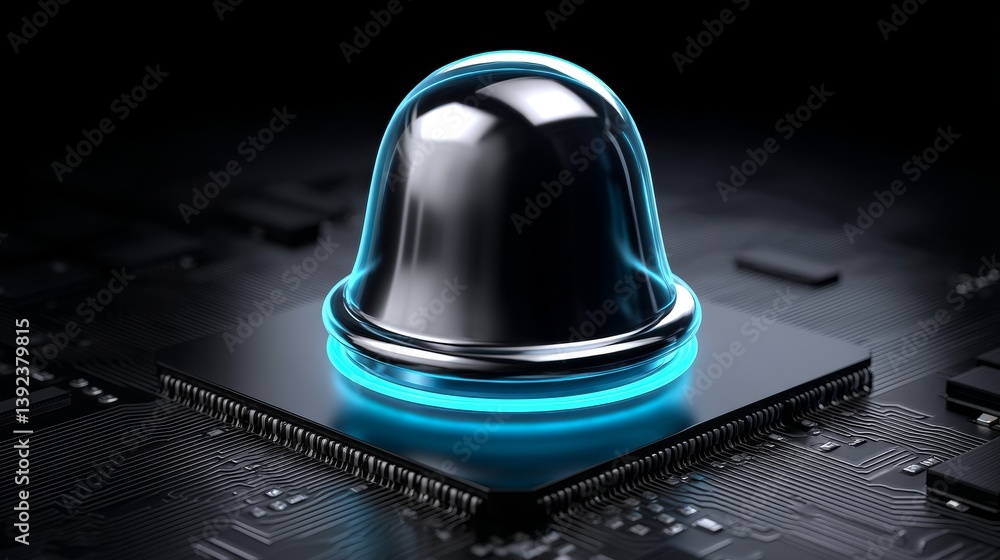 Poster a microchip features an alert technology concept with a bell symbol, as data moves from the cpu to a