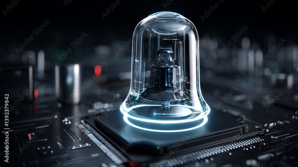 Poster a 3d render depicts a microchip with an alert technology concept, represented by a bell symbol, and 
