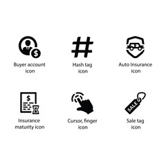 Buyer account, Hash tag, Auto Insurance, Insurance maturity, Cursor, finger, Sale tag, Black Icon Set