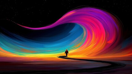 Fototapeta premium Solitary Figure Walking Towards a Multicolored Wave Under a Starry Night Sky