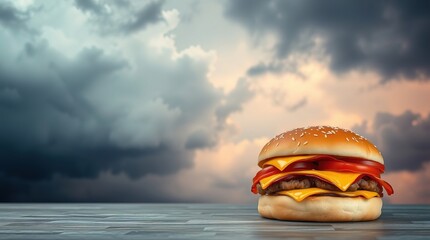 A close up of a burger with cheese and tomato on a wooden table with cloudy sky