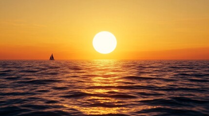 Golden sunset over calm sea silhouette of distant sailboat serene summer evening background 