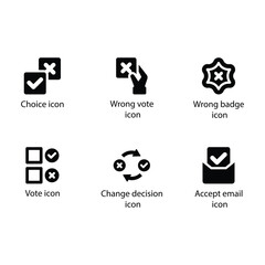 Choice, Wrong vote, Wrong badge, Vote, Change decision, Accept email, Black Icon Set