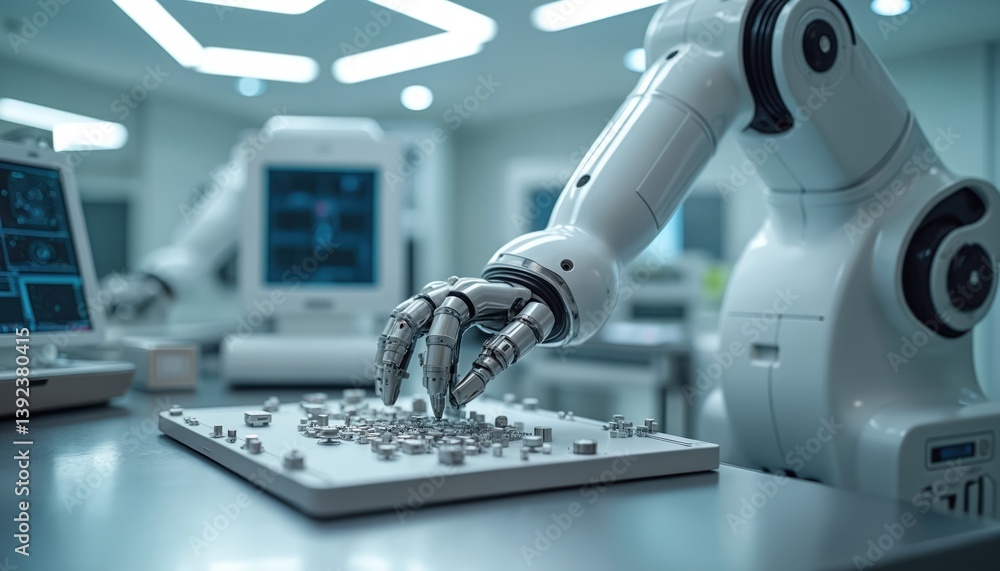 Leinwandbilder robot arm assembling tiny medical devices in clean biomedical engineering lab. futuristic tech tools