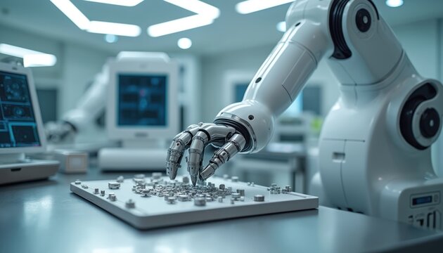 Robot arm assembling tiny medical devices in clean biomedical engineering lab. Futuristic tech tools, sterile conditions for advanced product manufacturing. Innovation, medicine, tech.