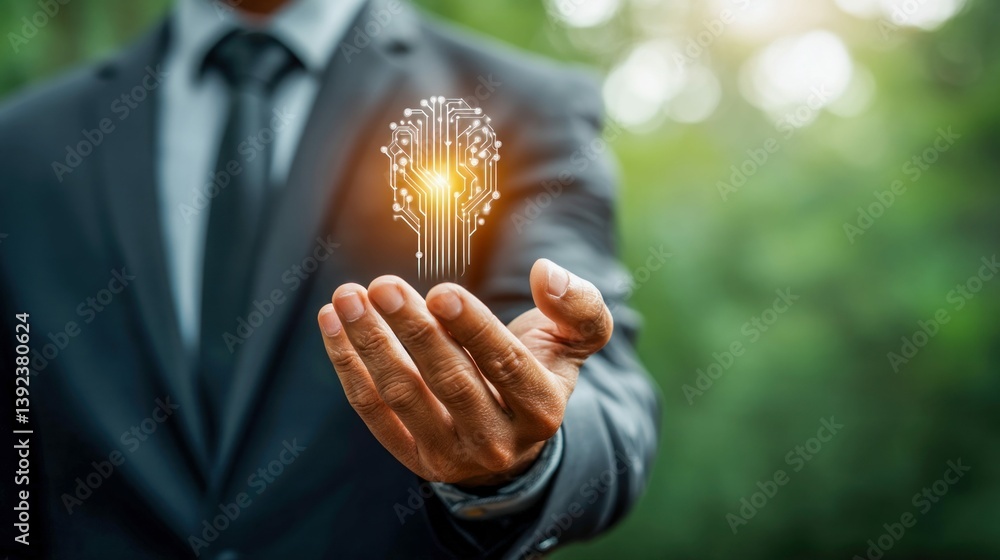 Poster a businessman extends his hand, presenting a glowing circuit board representing artificial intellige