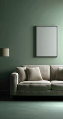 Tranquil Interior Scene: A modern living room exudes a sense of calm and sophistication, featuring a sleek sofa adorned with soft cushions, and a picture frame.
