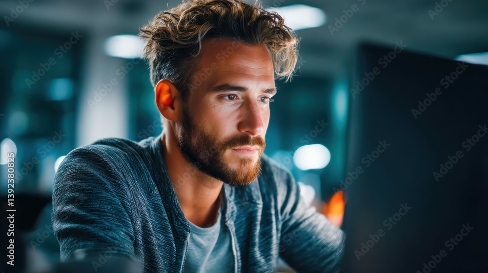 Poster a focused man with a beard works intently on his computer in a modern office setting, illuminated by