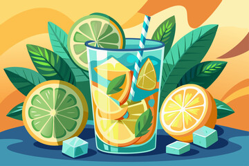 vector of Refreshing lemon and mint drink with ice