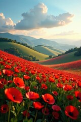 Rolling hills of poppies bathed in evening light, summer, image
