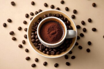Obraz premium there is a cup of coffee and some coffee beans on a table