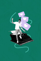 Graphics template collage of person stand near type writer having likes icon on green background