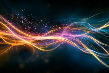 Fototapeta premium Optical data concept depicted by abstract glowing lines on a dark background. The high speed, vast capacity data transmission enabled by optical fiber technology in today's digital age