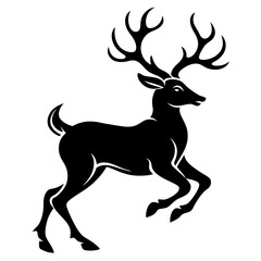 Heraldic Black and White Vector Illustration of Leaping Stag with Antlers