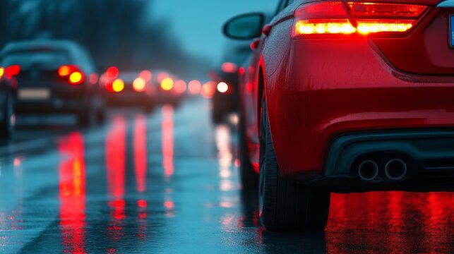 Night traffic jam with red brake lights reflecting on wet asphalt dramatic city commute vibe 