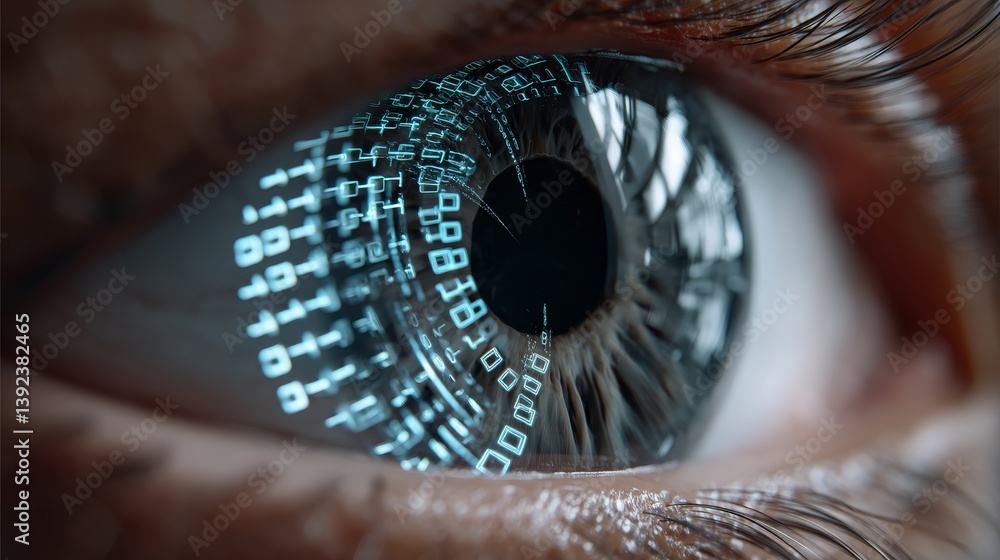 Poster concept of a human iris with multicolored animation, featuring a binary circle that scatters rainbow