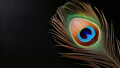 Obraz premium Single peacock feather on a black background with copy space. Bright, luxurious and elegant detail for nature themes, branding, spiritual content or elegant visuals