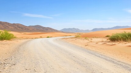 Serpentine desert track with dunes landscape and blue sky horizon view