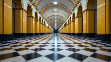 Vintage metro station with ornate tiles and arched ceilings moody golden lighting nostalgic urban vibe 